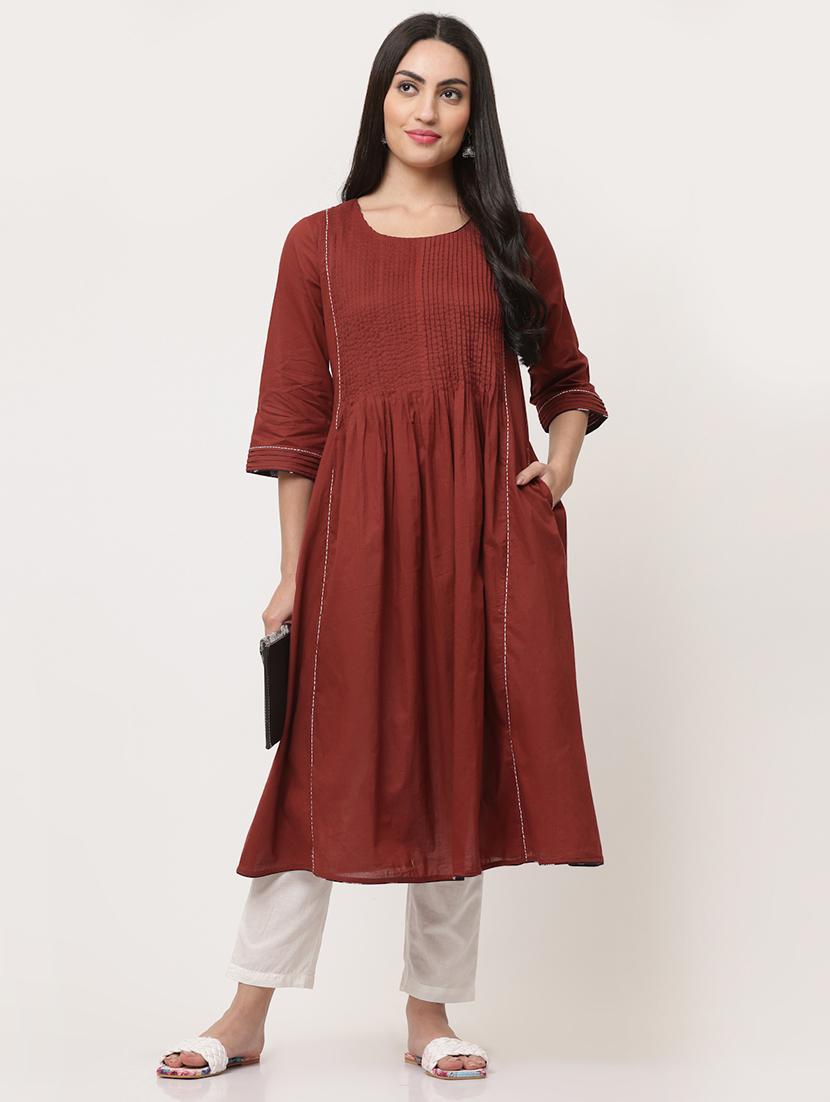 maroon cotton a-line kurta - 21195634 -  Zoom Image - 0