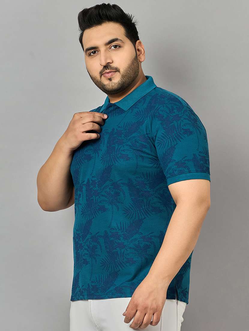 men teal leaf printed regular fit plus size polo t-shirt