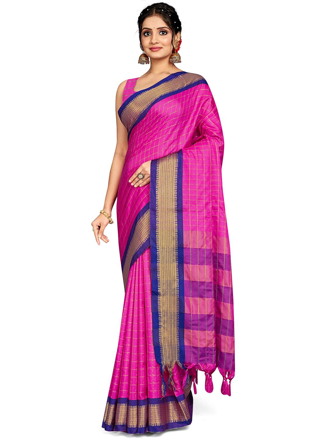 women checkered handloom saree with blouse - 21217638 - Zoom Image - 0
