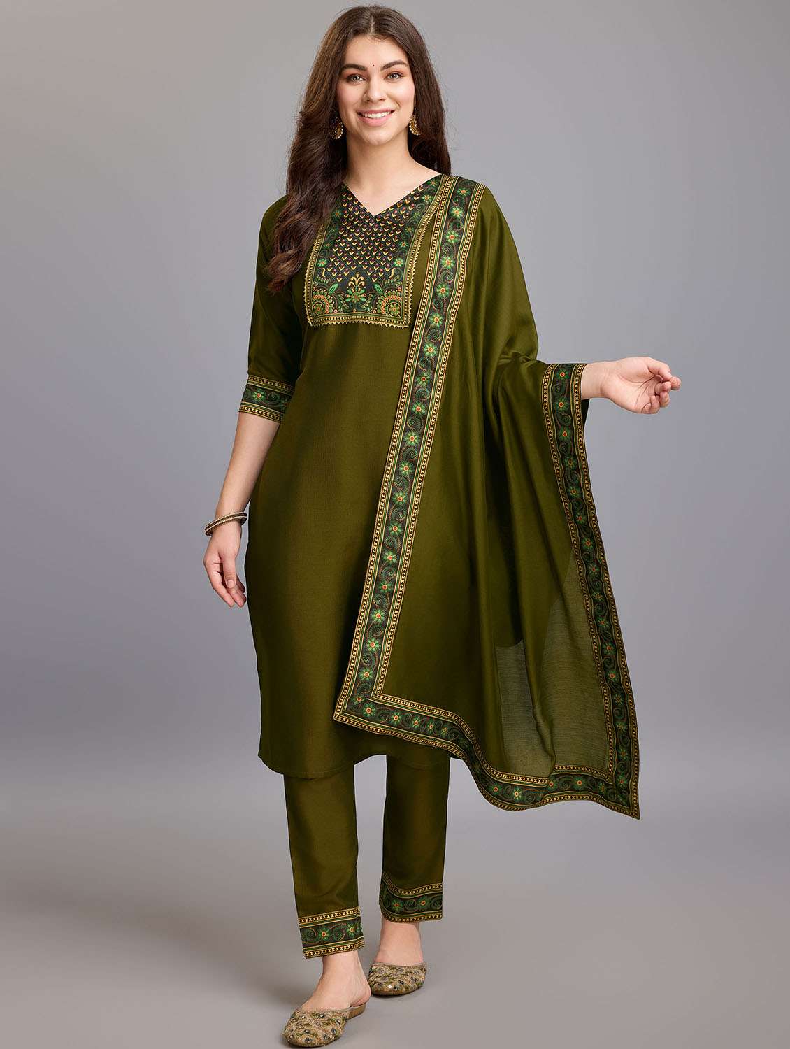 Women Placement Print Kurta Pant Set With Dupatta