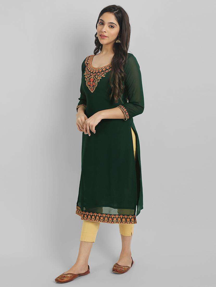 women three quarter sleeve straight kurta - 21219905 -  Standard Image - 2