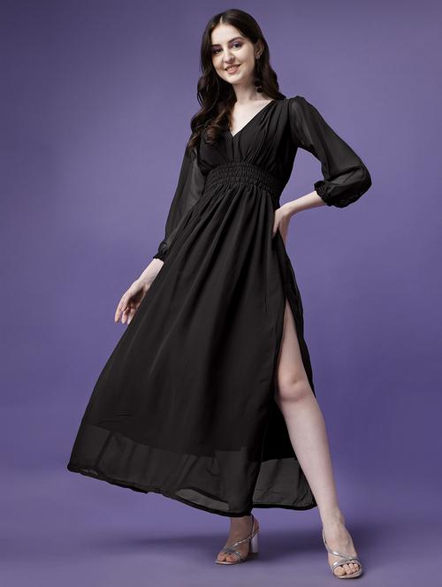 women solid v neck high slit dress - 21220798 - Standard Image - 0