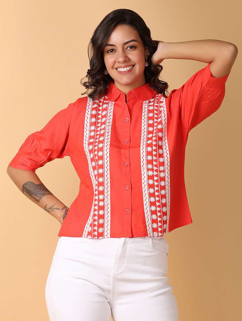 women red cotton regular top