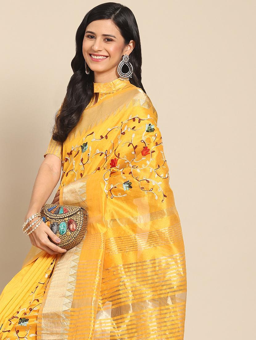 yellow cotton silk embroidered saree with blouse - 21221231 - Standard Image - 2