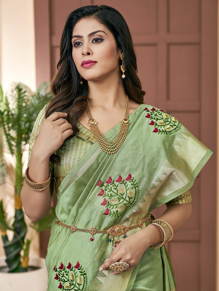 green assam silk embroidered saree with blouse - 21221235 - Standard Image - 2