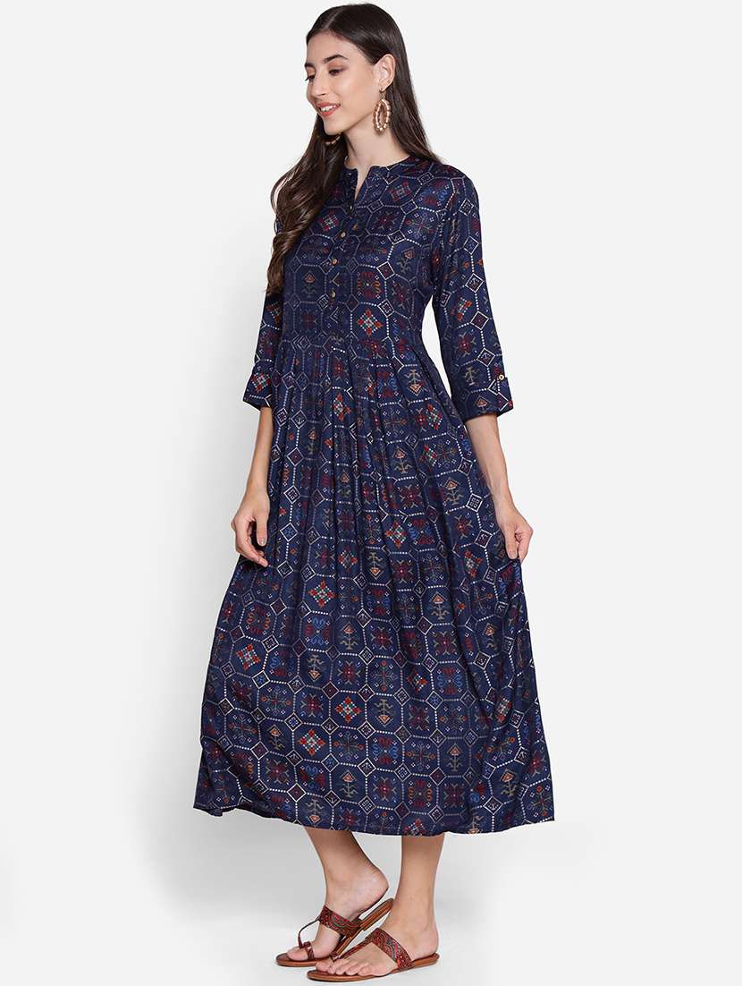 navy blue cotton blend fit & flare dress - 21221414 -  Standard Image - 2