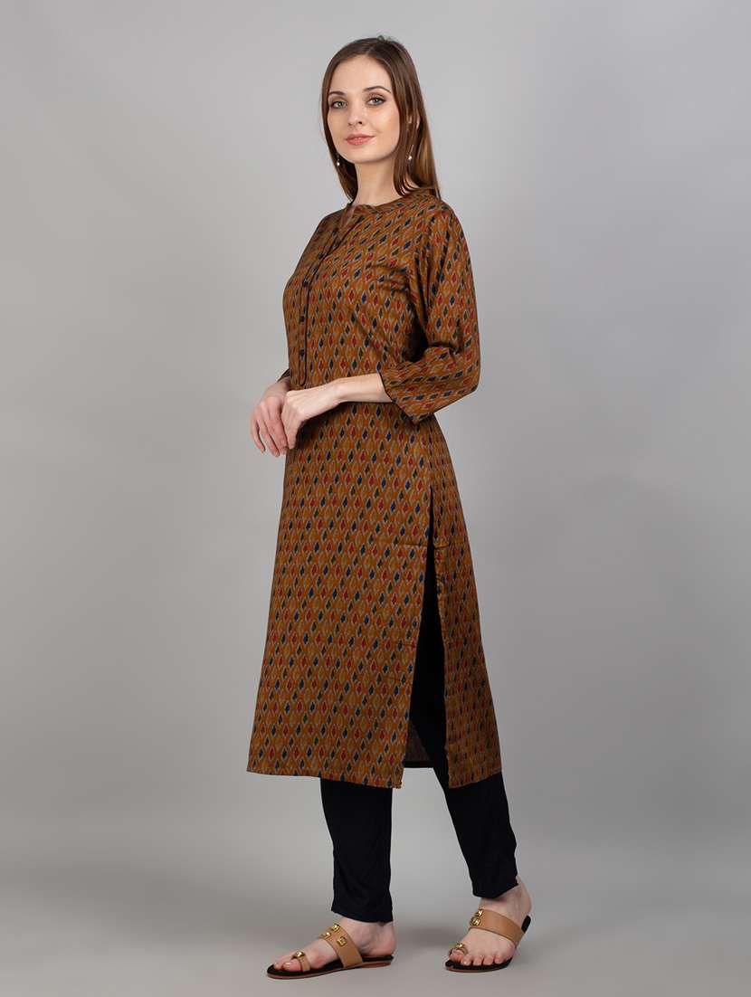 women mustard ikat mandarin neck kurta pant set - 21221420 -  Standard Image - 2
