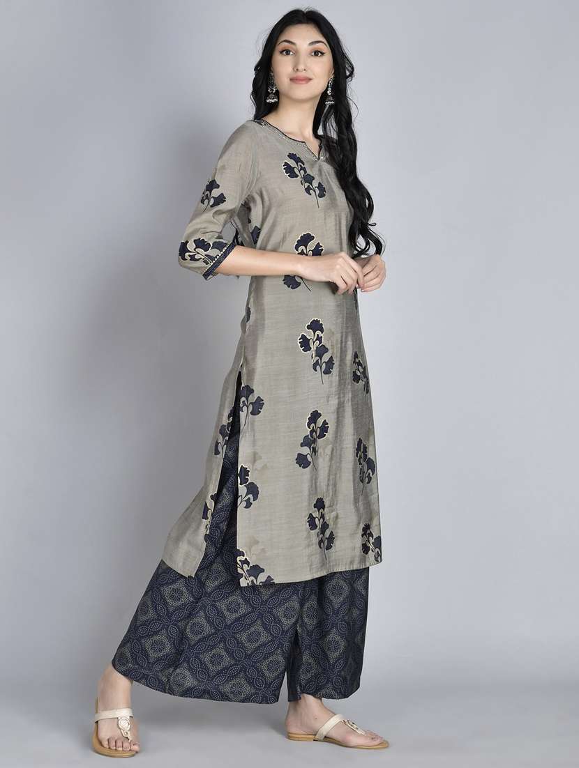 women grey floral notch neck kurta palazzo set  - 21221435 -  Standard Image - 2