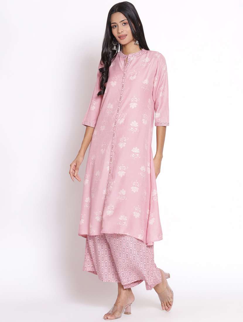 women pink floral mandarin neck kurta palazzo set - 21221439 -  Standard Image - 2
