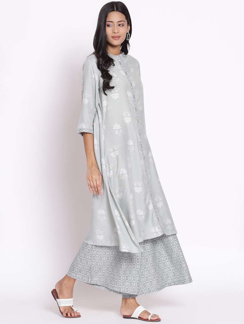 women grey floral mandarin neck kurta palazzo set - 21221440 -  Standard Image - 2