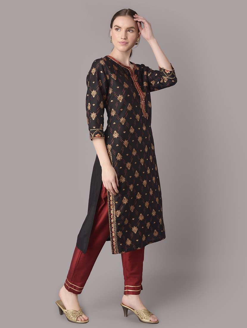 women black printed notch neck kurta pant set - 21221463 -  Standard Image - 2