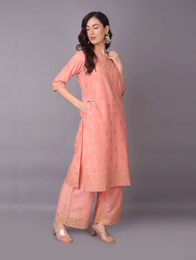 women peach self design kurta palazzo set - 21221467 -  Standard Image - 2