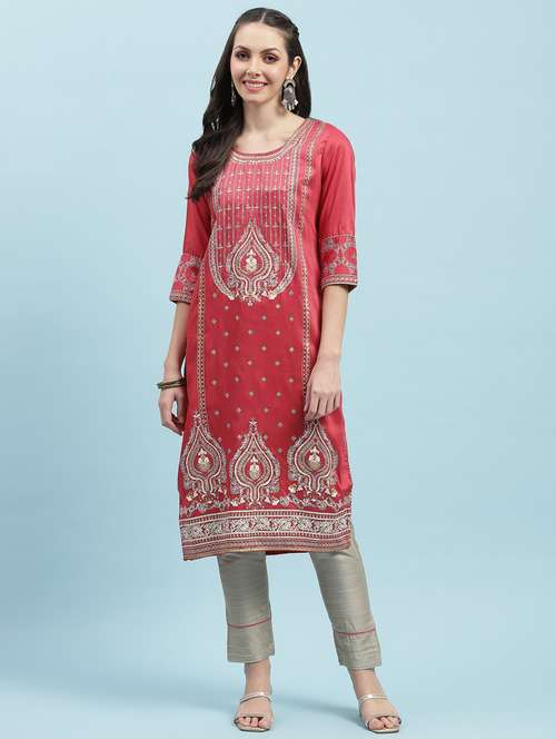 women three quarter sleeve straight kurta - 21221489 -  Standard Image - 0