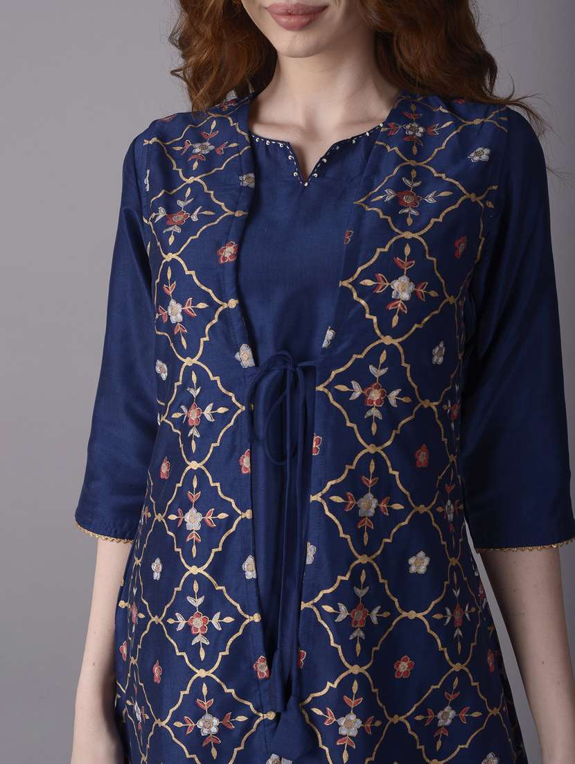 women navy blue solid kurt pant set with long shrug - 21221523 -  Standard Image - 7