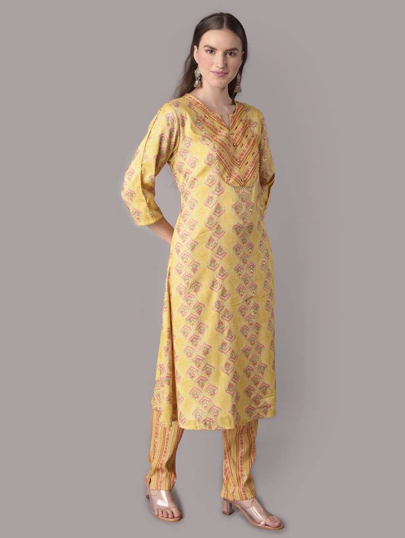 women yellow printed notch neck kurta pant set - 21221528 -  Standard Image - 2