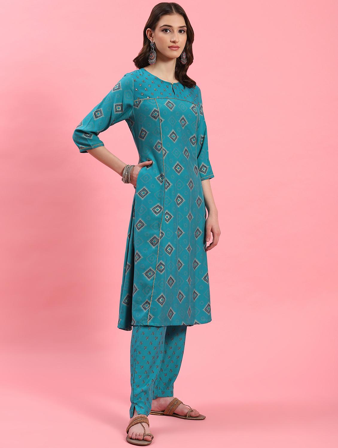 women teal printed kurta pant set with dupatta - 21221582 - Standard Image - 2