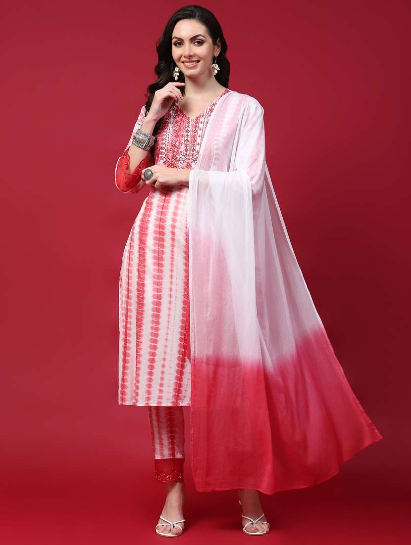 women tie & dye kurta pant set with dupatta