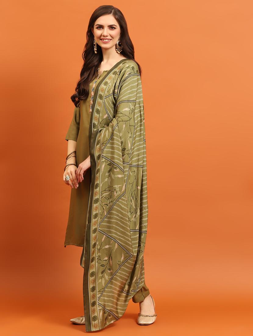 olive rayon kurta dupatta set - 21221603 - Standard Image - 2