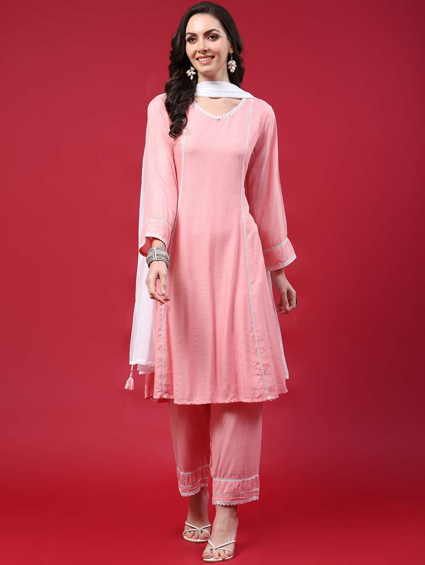 women solid kurta pant set with dupatta