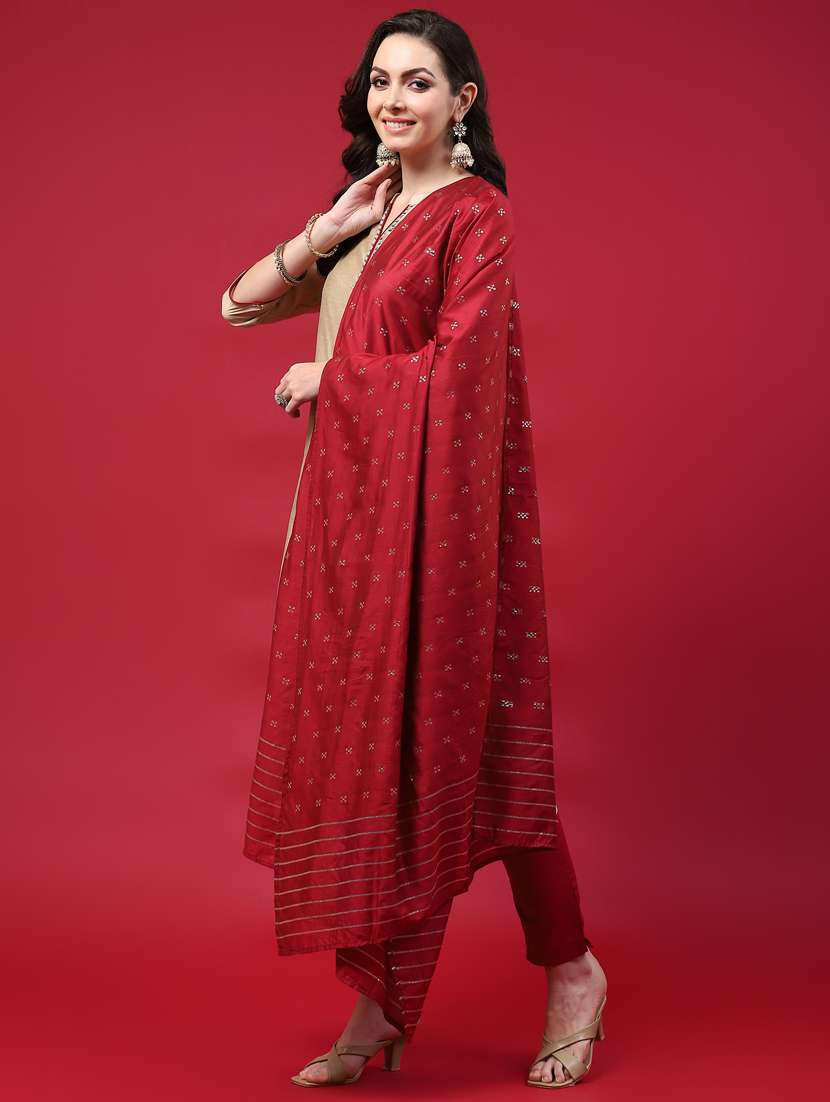 beige chanderi kurta dupatta  set - 21221612 -  Standard Image - 2