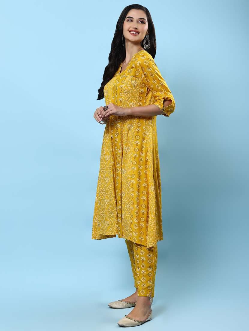 women mustard bandhani v neck kurta pant set - 21221637 -  Standard Image - 2