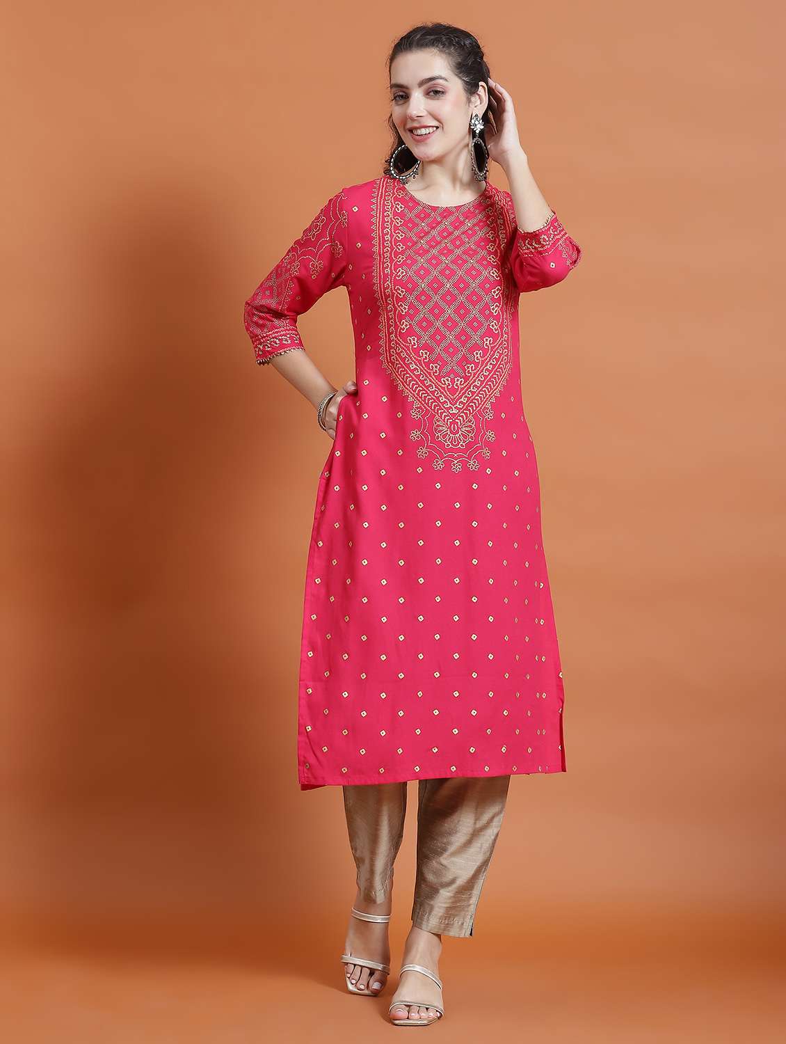 women round neck bandhani printed straight kurta