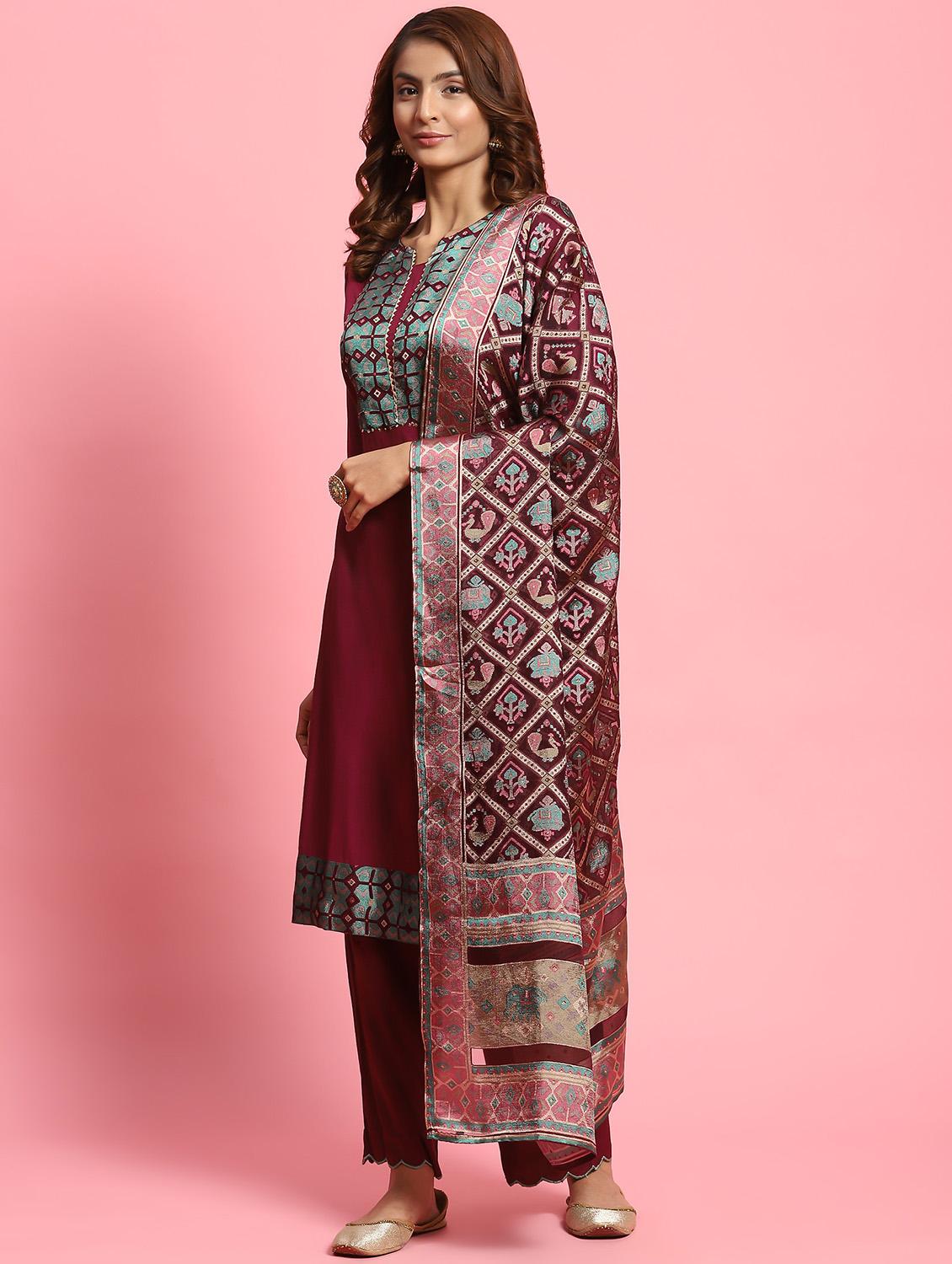 multi colored silk blend kurta dupatta set - 21221654 - Standard Image - 2