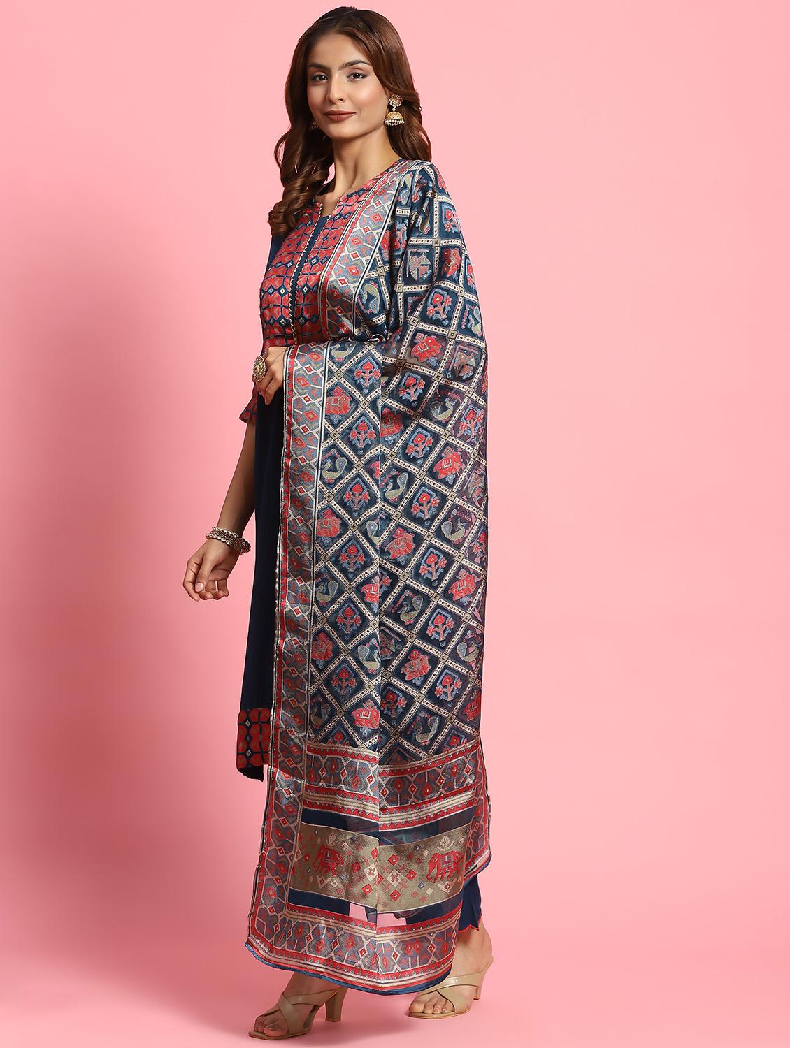 teal silk blend kurta dupatta set - 21221655 - Standard Image - 2