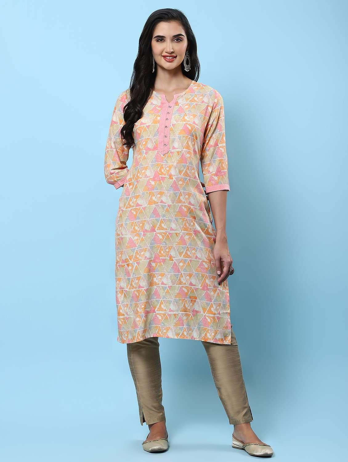 women notch neck printed straight kurta