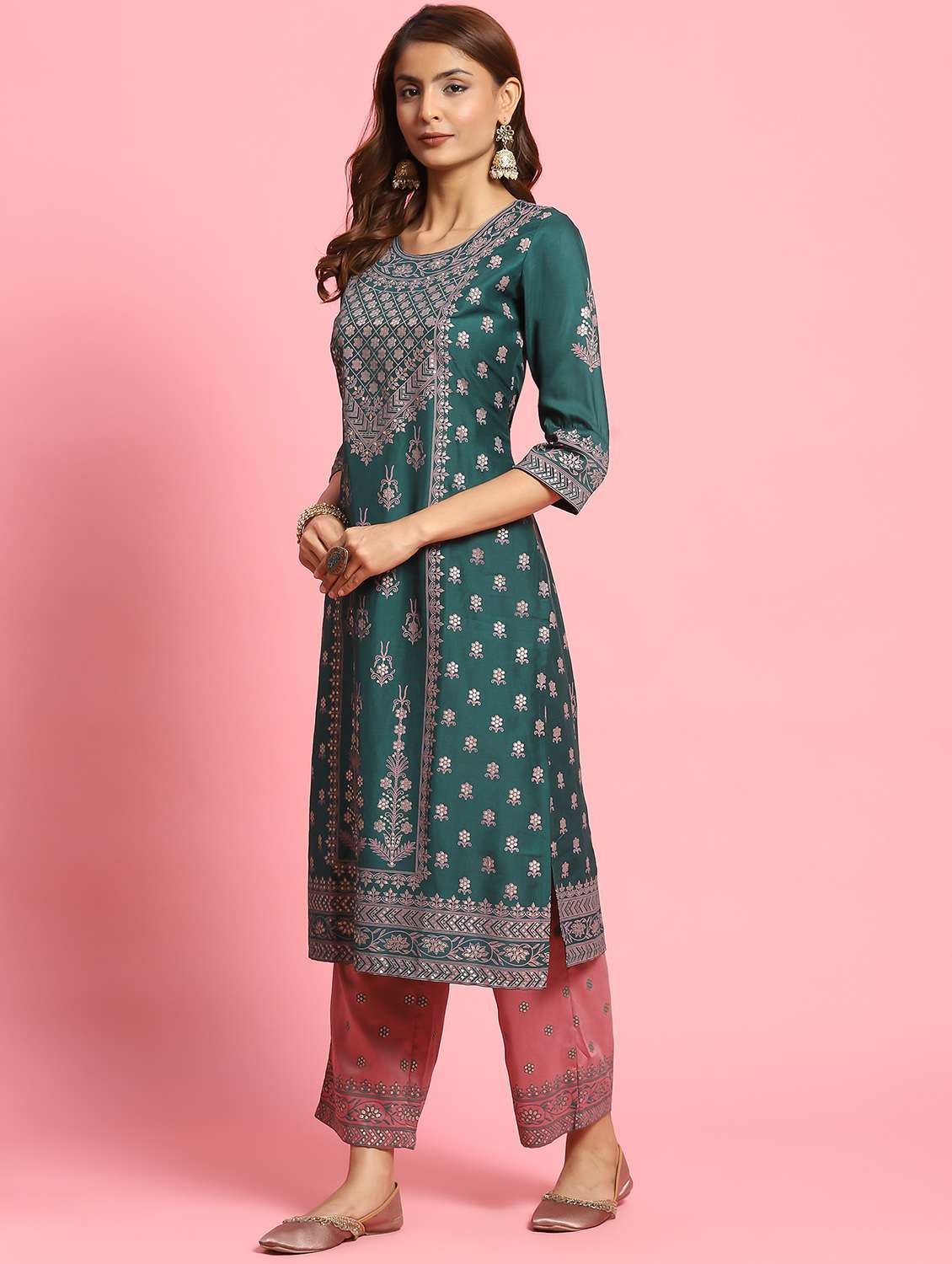 women round neck kurta palazzo set - 21221685 - Standard Image - 2