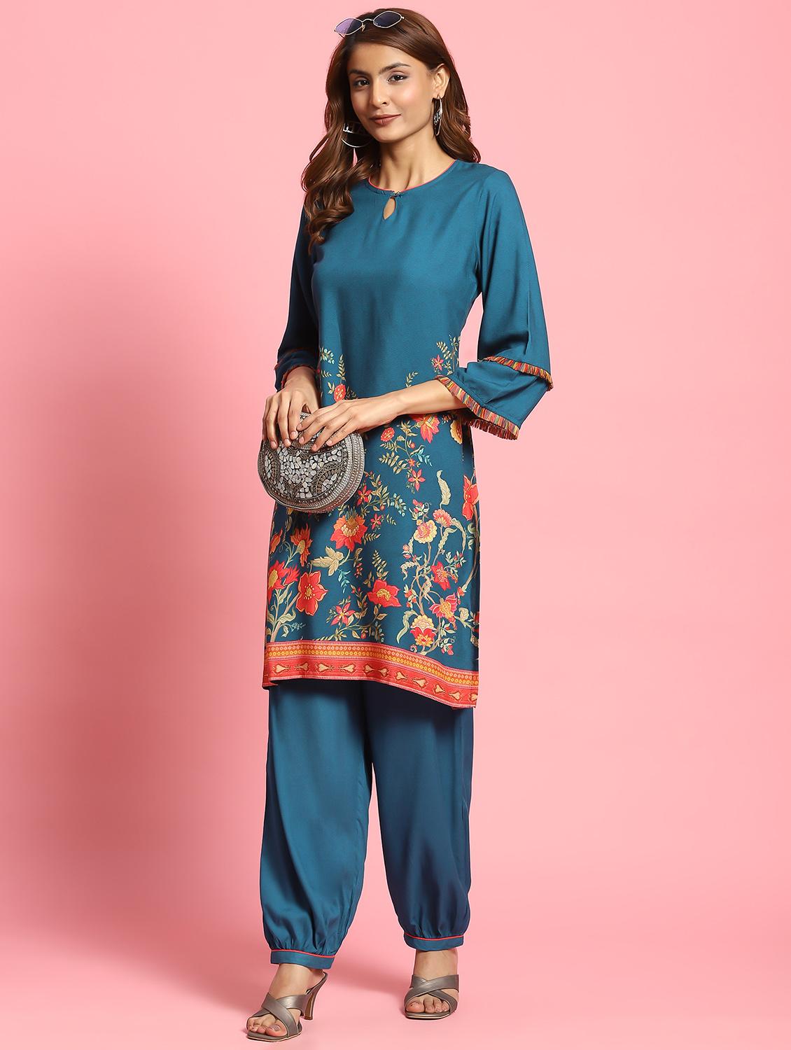 women floral key hole neck kurta salwar set