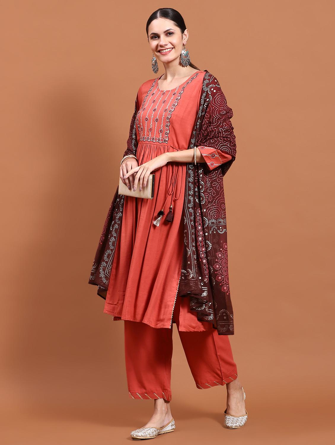 women embroidered kurta palazzo set with dupatta