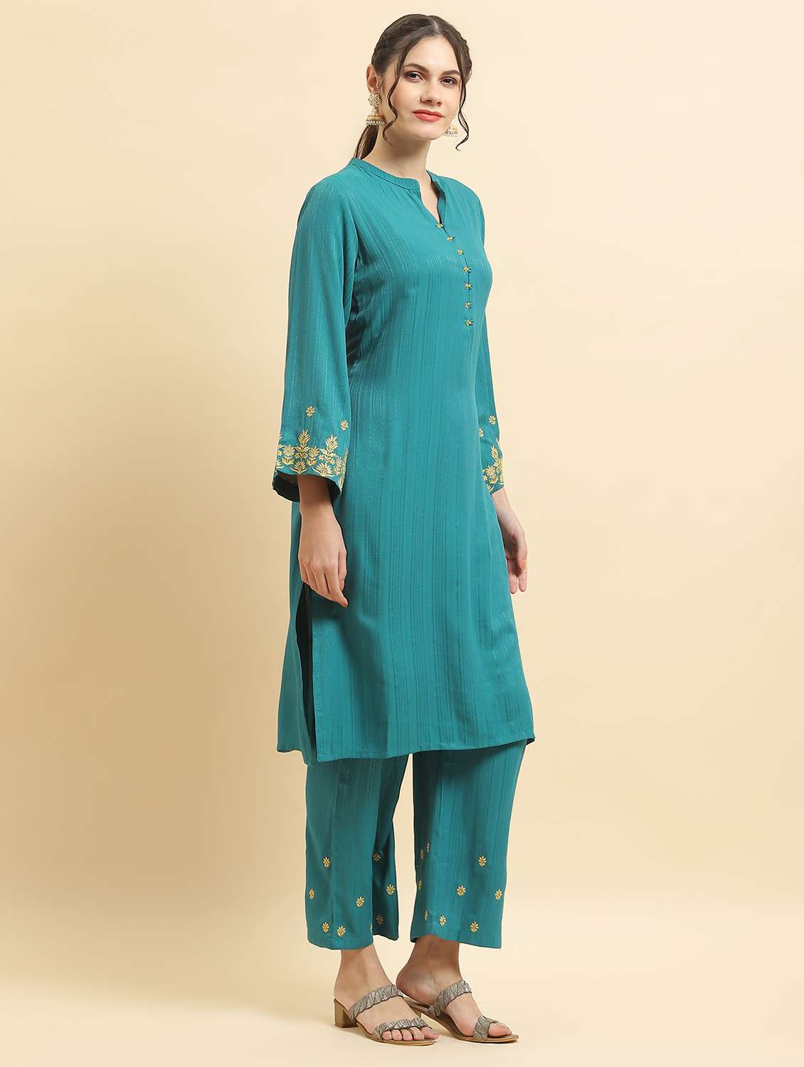 women mandarin neck kurta pant set - 21221741 -  Standard Image - 2