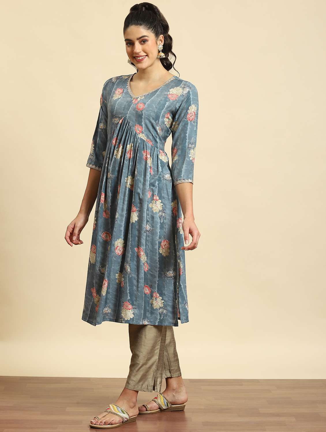 women grey floral printed kurta  - 21221750 -  Standard Image - 2