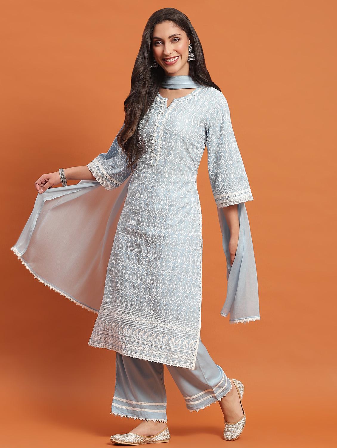women three quarter sleeve kurta palazzo with dupatta set - 21221772 - Standard Image - 2