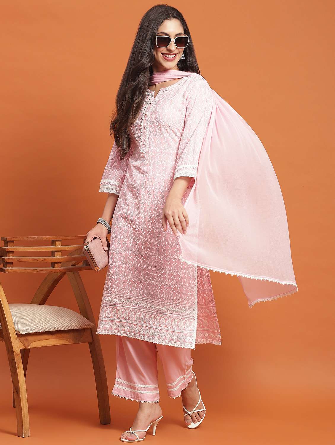 women three quarter sleeve kurta pant with dupatta set