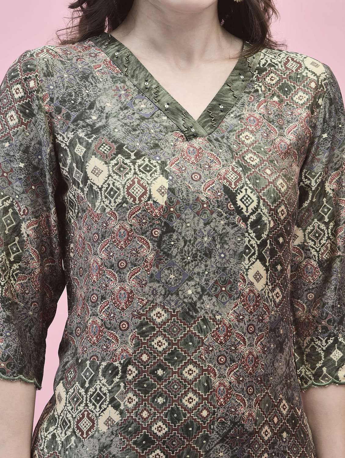 women olive v neck kurta pant set with dupatta - 21221813 -  Standard Image - 7