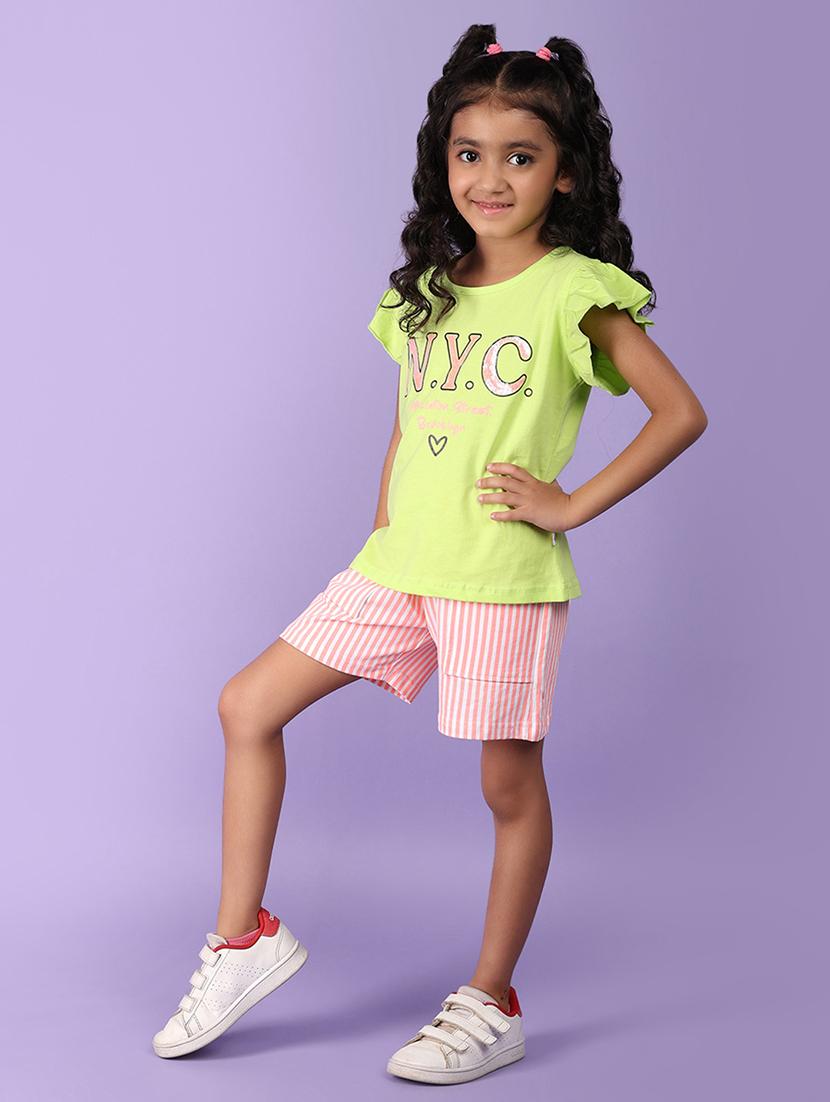 girls green cotton top & shorts set - 21223062 - Standard Image - 2