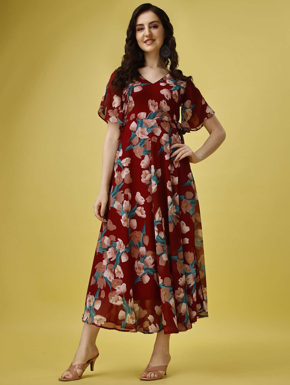 maroon georgette fit & flare dress