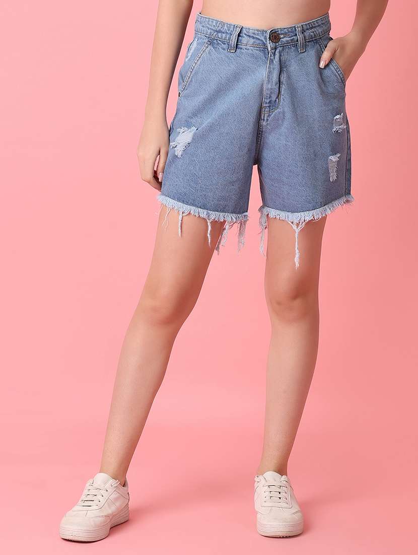 blue distress denim short