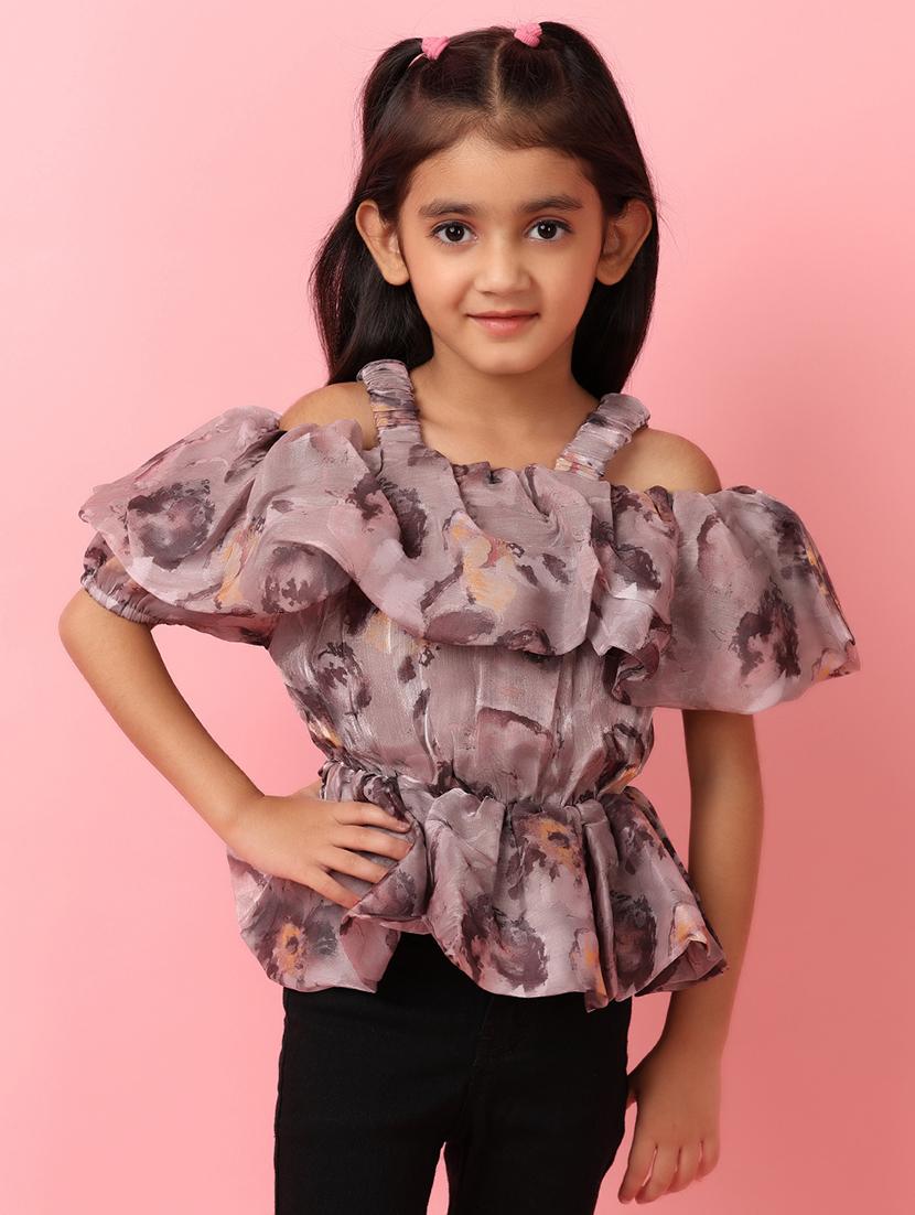 girls brown printed cold shoulder top