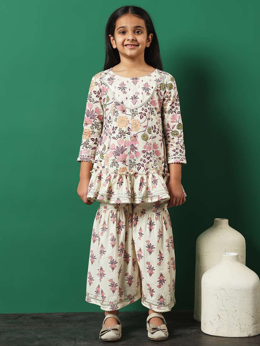 white cotton printed kurta & sharara set