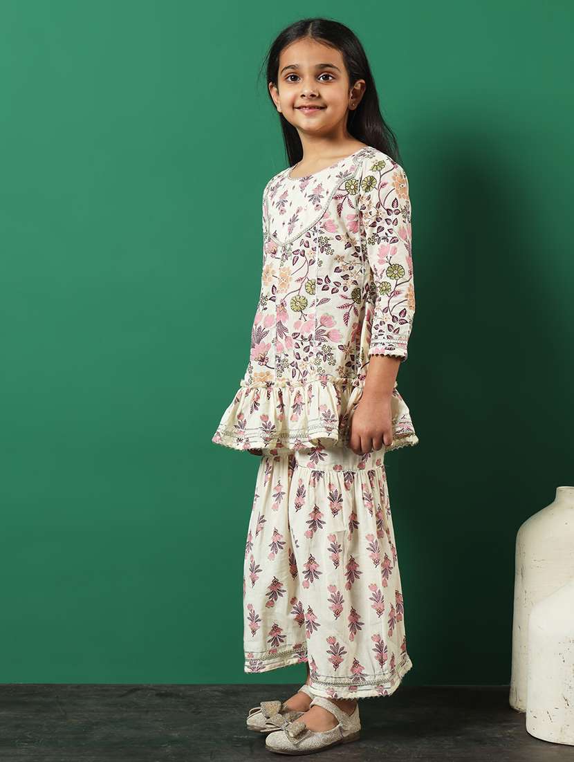 white cotton printed kurta & sharara set - 21224775 -  Standard Image - 2