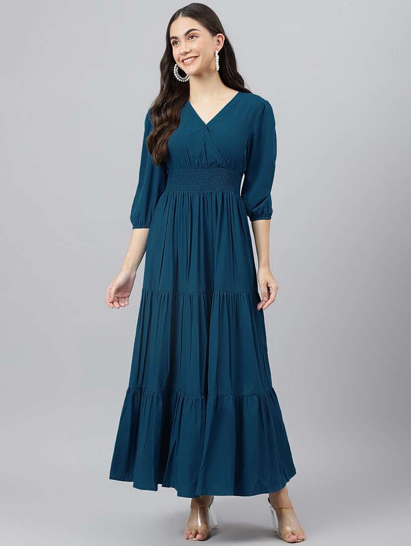 women teal solids tiered dress