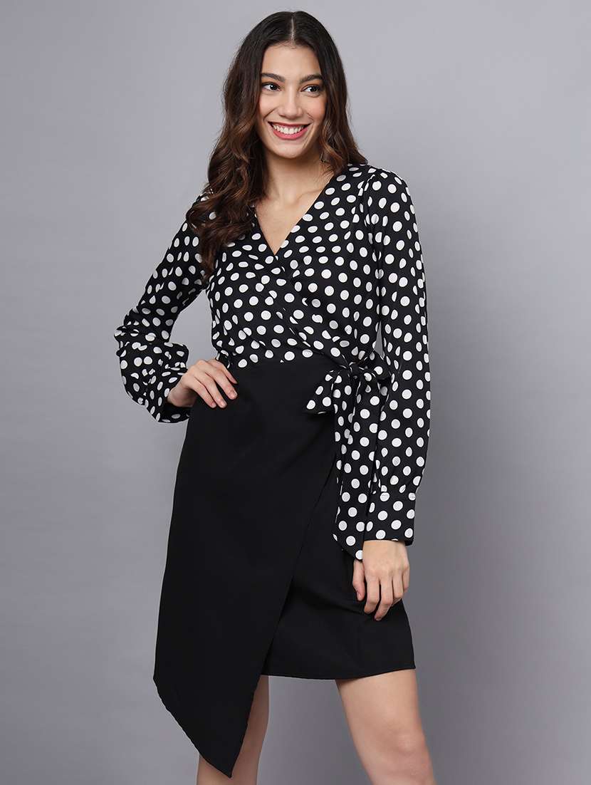 women polka doted puff sleeves wrap dress