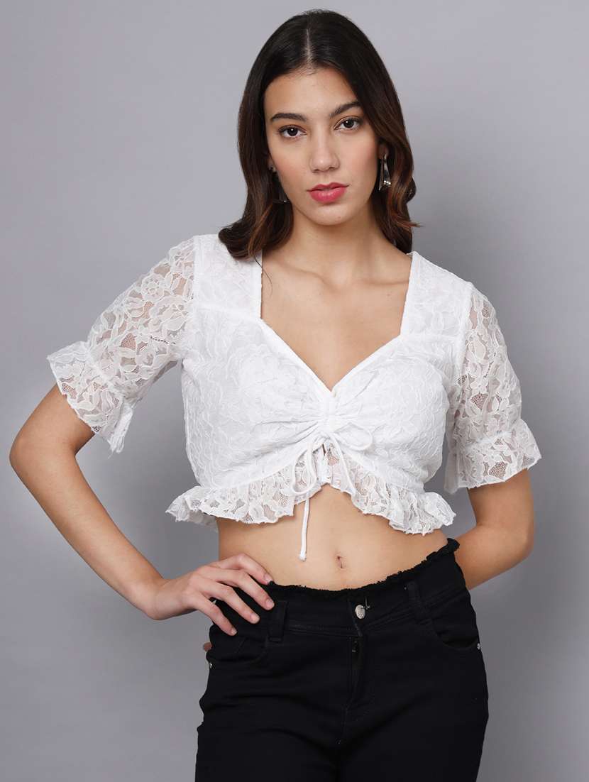 women lace detiled puff sleeves crop top