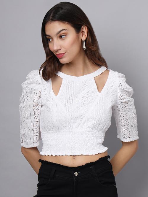 women white regular fit lace detailed puff sleeves crop top - 21225167 - Standard Image - 0