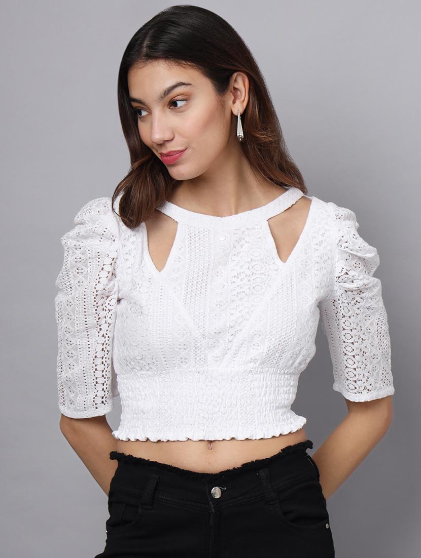 women white regular fit lace detailed puff sleeves crop top