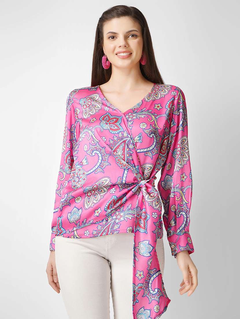 women paisley printed wrap top