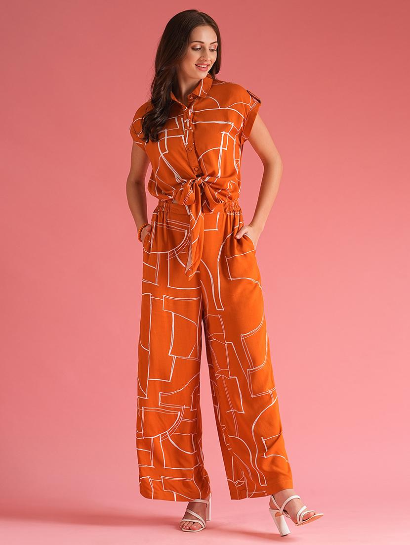 globus women brown abstract print extended sleeves shirt style waist tie-up jumpsuit - 21225181 -  Zoom Image - 0